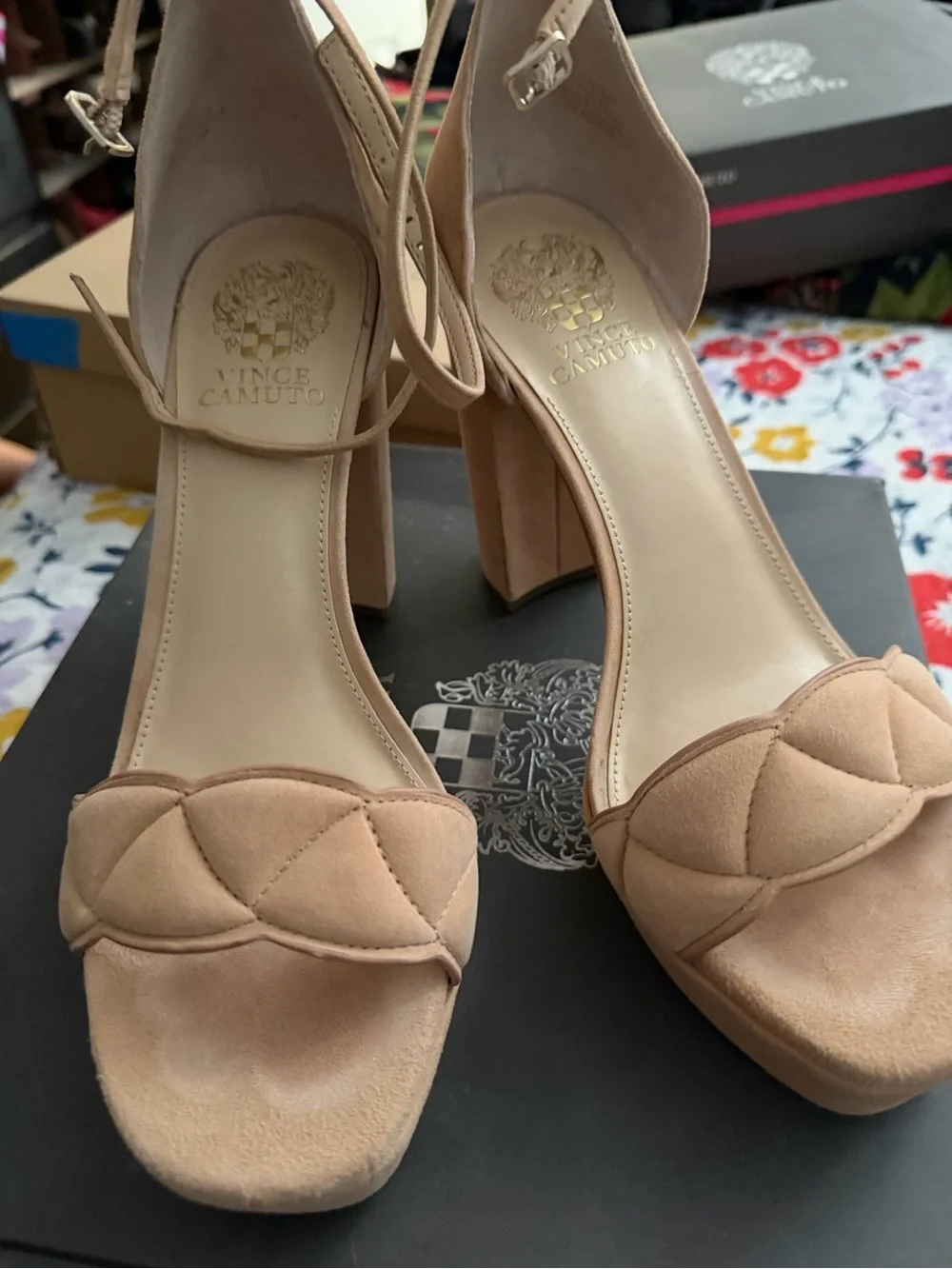 Vince Camuto Quilted Nude Suede Block Heel Sandals